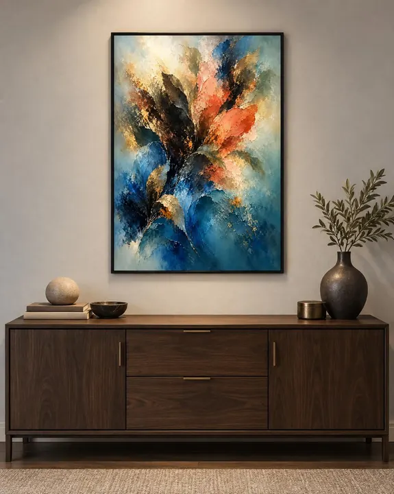 Visualización: obra abstracta en azul y naranja sobre un muro gris
