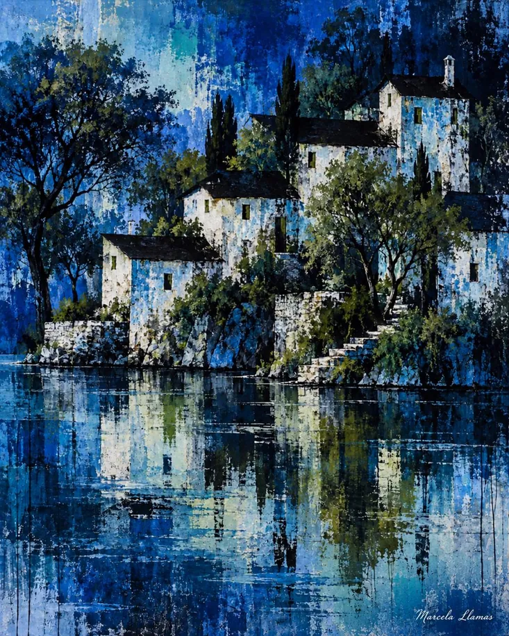 Pueblo en el lago, obra de ciudad y paisaje de la colección Gretta Living