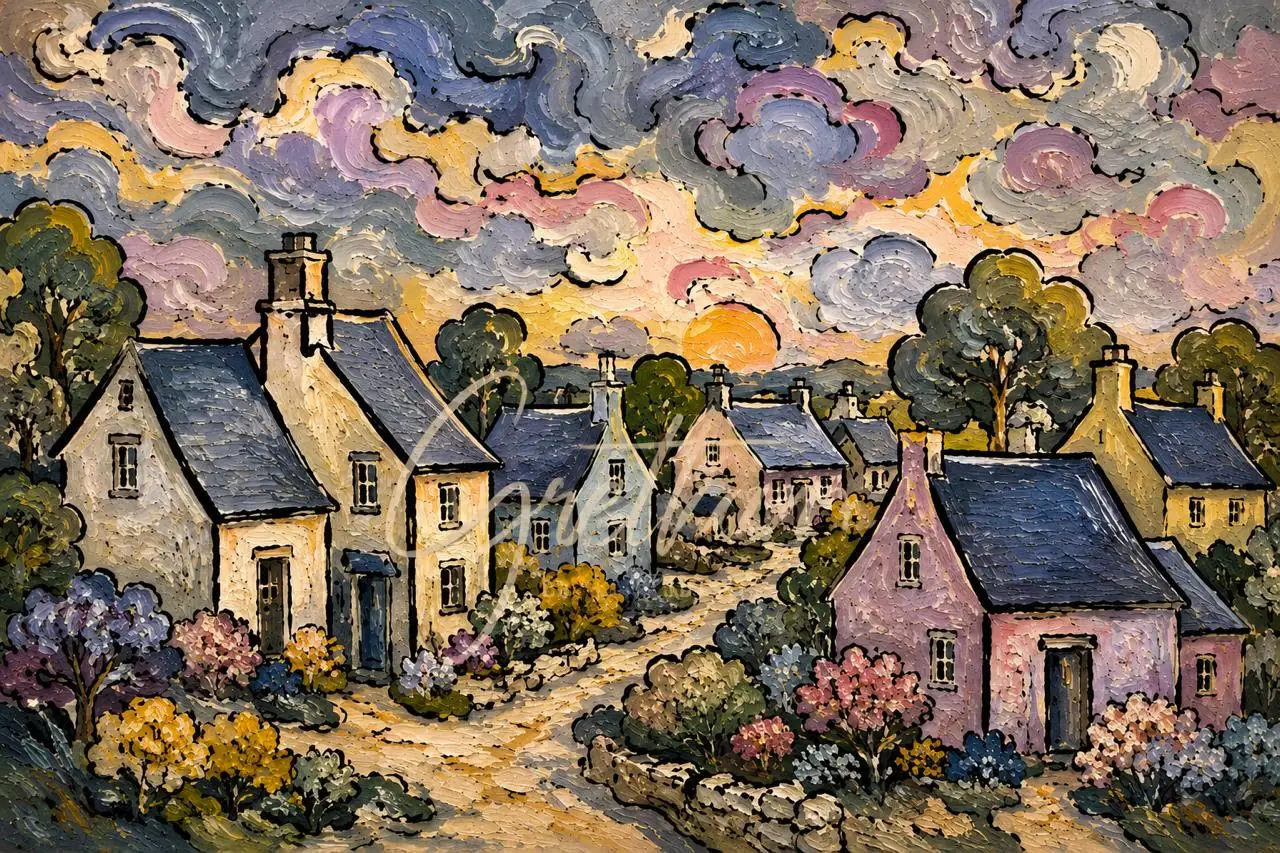 Aldea al atardecer, obra de ciudad y paisaje de la colección Gretta Living