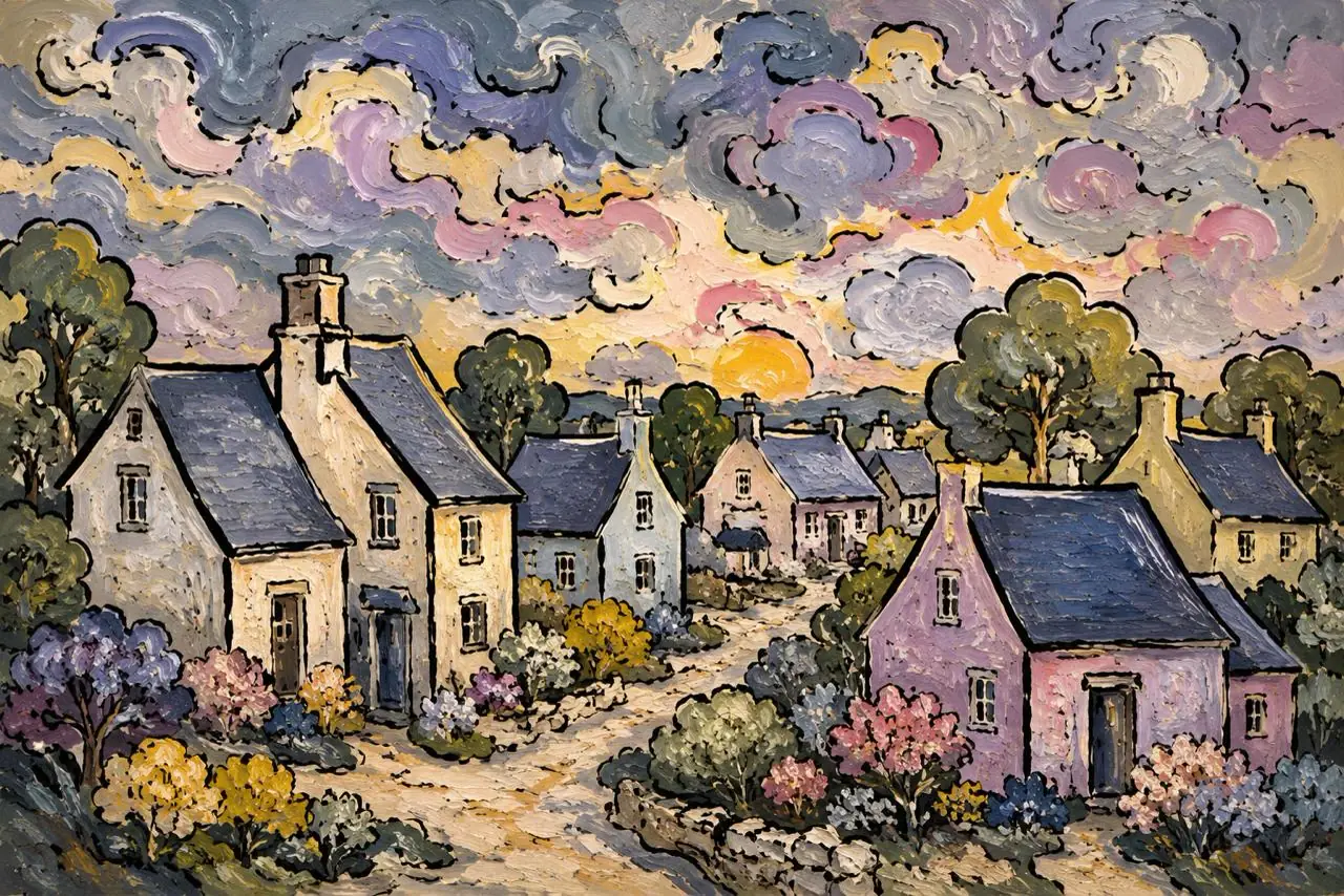 Pueblo de colores, obra de ciudad y paisaje de la colección Gretta Living