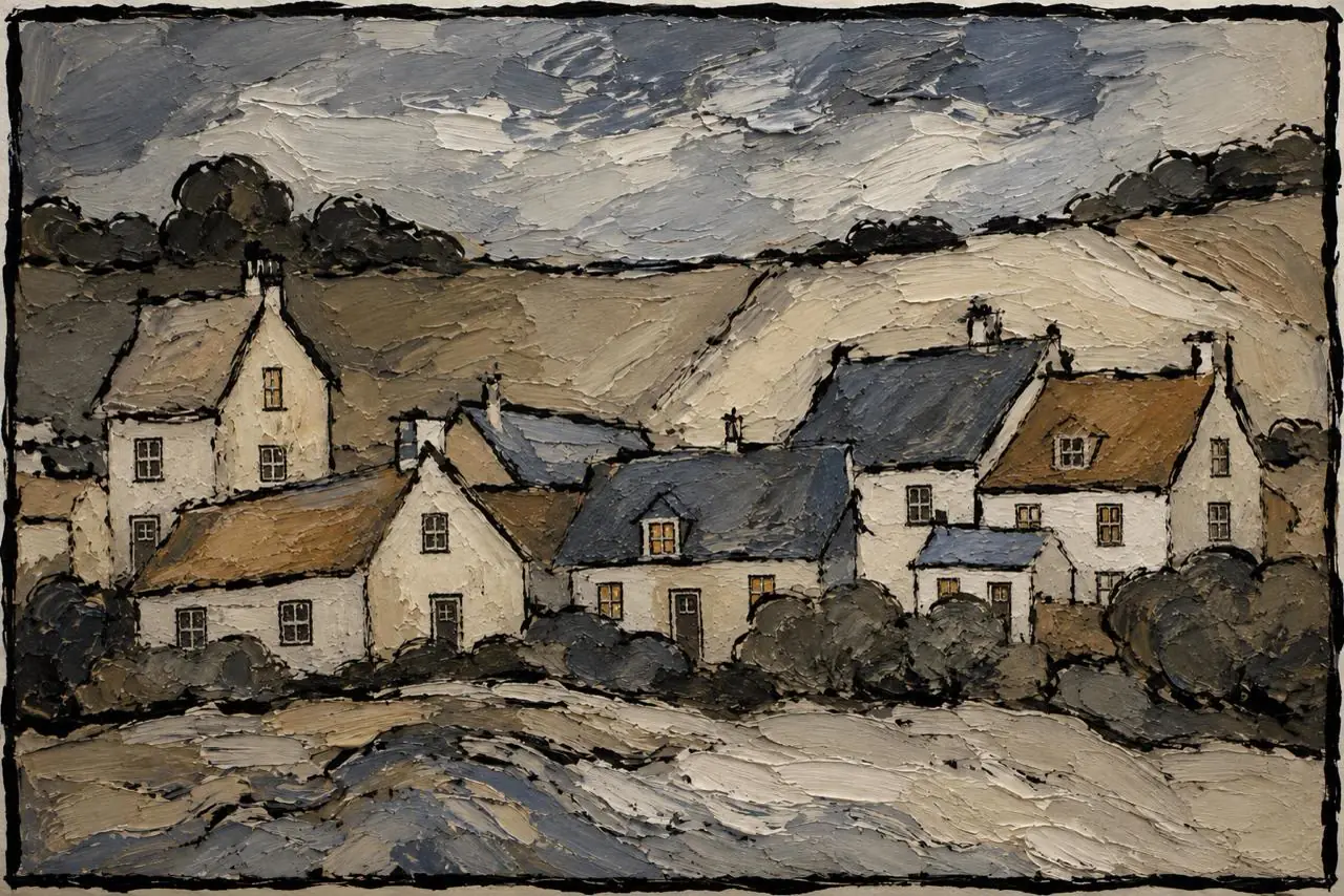 Pueblo de invierno, obra de ciudad y paisaje de la colección Gretta Living