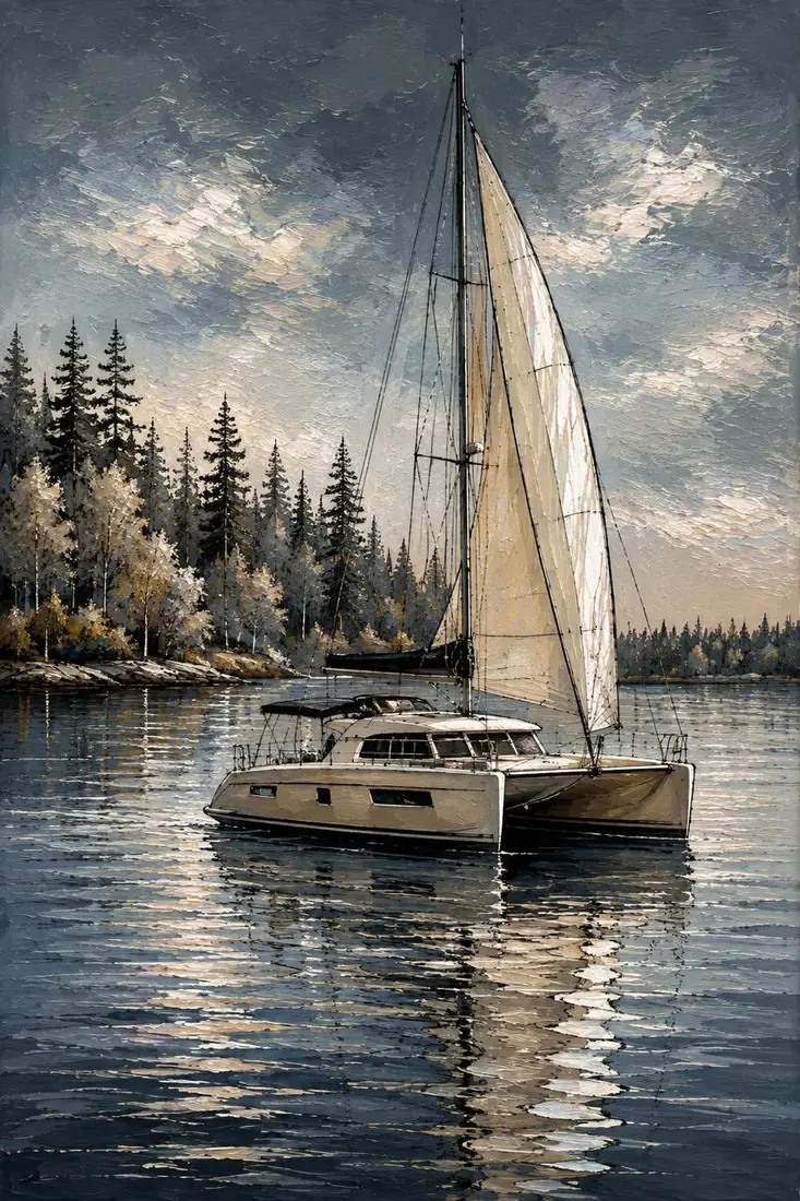 Velero y bosque, obra de marina de la colección Gretta Living