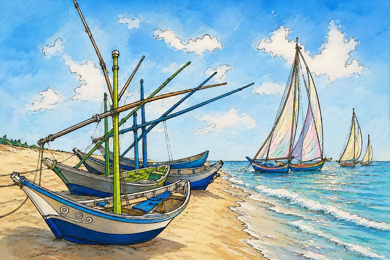 Barcas en la playa, obra de marina de la colección Gretta Living