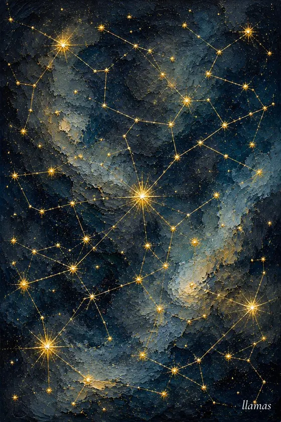 Constelación, obra abstracta de la colección Gretta Living: trazos dorados sobre azul de noche