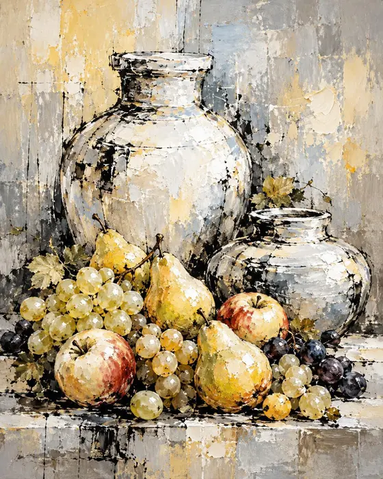 Vasijas de plata, obra de bodegón de la colección Gretta Living