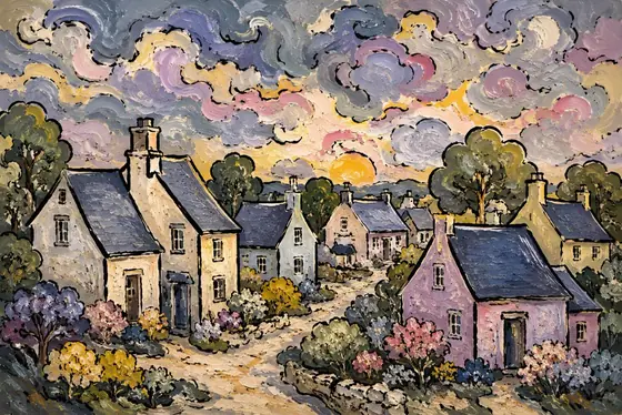 Pueblo de colores, obra de ciudad y paisaje de la colección Gretta Living